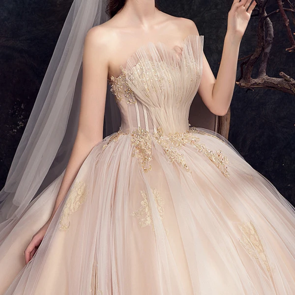 Stilig Champagne Brudekjoler 2019 Prinsesse Kjæreste Uten Ermer Ryggløse Appliques Blonder Beading Cathedral Train Buste