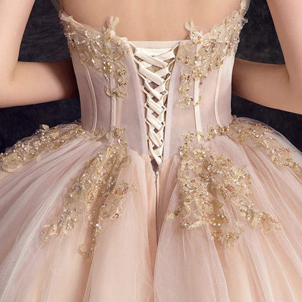 Stilig Champagne Brudekjoler 2019 Prinsesse Kjæreste Uten Ermer Ryggløse Appliques Blonder Beading Cathedral Train Buste