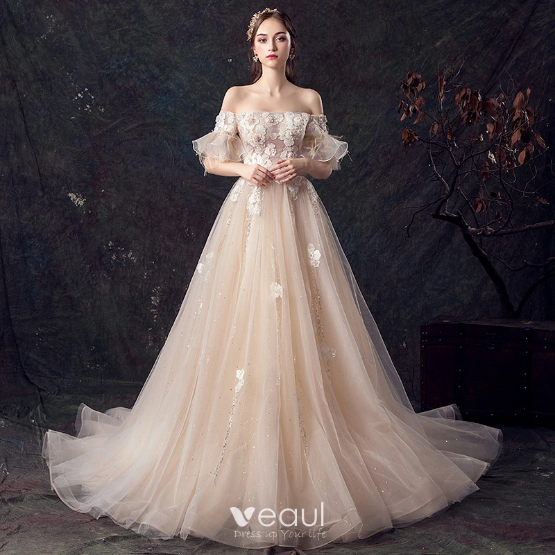 Elegant Champagne Wedding Dresses 2019 A-Line / Princess Off-The-Shoulder  Bell sleeves Feather Backless Appliques Lace Beading Pearl Glitter Tulle  Court Train Ruffle