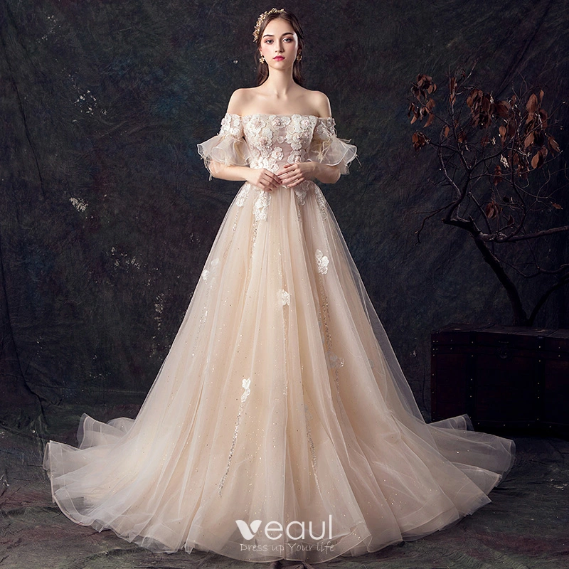 a line champagne wedding dress A Line Ivory Lace Cap Sleeves Tulle Champagne Wedding Dresses – alinanova main image 0