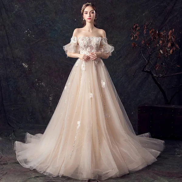 Elegant Champagne Wedding Dresses 2019 A-Line / Princess Off-The-Shoulder Bell sleeves Feather Backless Appliques Lace Beading Pearl Glitter Tulle Court Train Ruffle