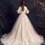 Elegant Champagne Wedding Dresses 2019 A-Line / Princess Off-The-Shoulder Bell sleeves Feather Backless Appliques Lace Beading Pearl Glitter Tulle Court Train Ruffle
