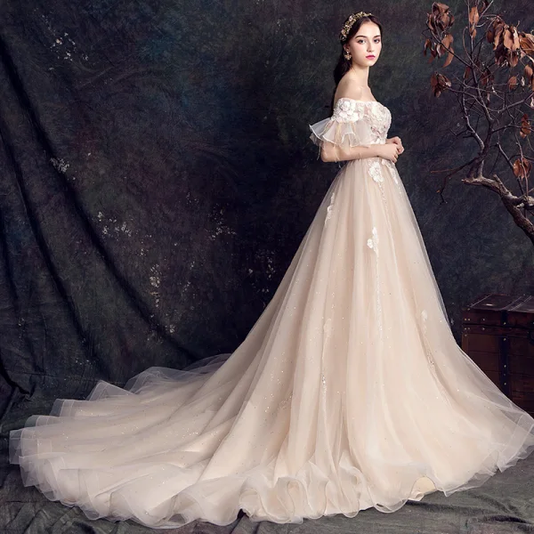 Elegant Champagne Wedding Dresses 2019 A-Line / Princess Off-The-Shoulder Bell sleeves Feather Backless Appliques Lace Beading Pearl Glitter Tulle Court Train Ruffle