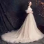 Elegant Champagne Wedding Dresses 2019 A-Line / Princess Off-The-Shoulder Bell sleeves Feather Backless Appliques Lace Beading Pearl Glitter Tulle Court Train Ruffle