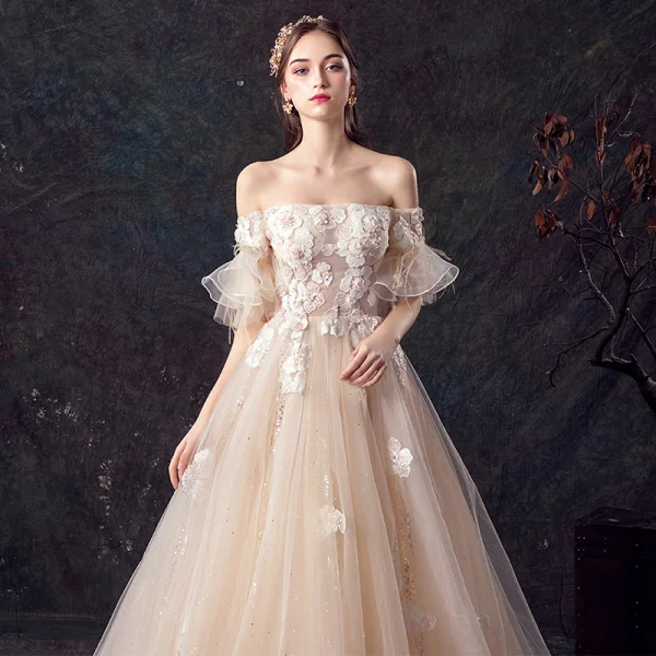 Elegant Champagne Wedding Dresses 2019 A-Line / Princess Off-The-Shoulder Bell sleeves Feather Backless Appliques Lace Beading Pearl Glitter Tulle Court Train Ruffle