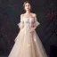Elegant Champagne Wedding Dresses 2019 A-Line / Princess Off-The-Shoulder Bell sleeves Feather Backless Appliques Lace Beading Pearl Glitter Tulle Court Train Ruffle