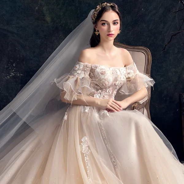 Elegant Champagne Wedding Dresses 2019 A-Line / Princess Off-The-Shoulder Bell sleeves Feather Backless Appliques Lace Beading Pearl Glitter Tulle Court Train Ruffle