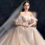 Elegant Champagne Wedding Dresses 2019 A-Line / Princess Off-The-Shoulder Bell sleeves Feather Backless Appliques Lace Beading Pearl Glitter Tulle Court Train Ruffle