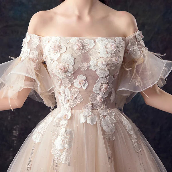 Elegant Champagne Wedding Dresses 2019 A-Line / Princess Off-The-Shoulder Bell sleeves Feather Backless Appliques Lace Beading Pearl Glitter Tulle Court Train Ruffle
