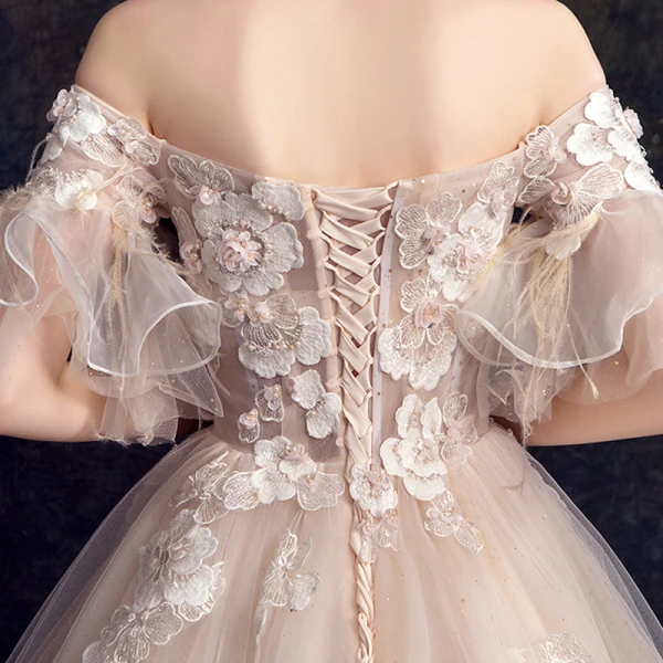 Elegant Champagne Wedding Dresses 2019 A-Line / Princess Off-The-Shoulder Bell sleeves Feather Backless Appliques Lace Beading Pearl Glitter Tulle Court Train Ruffle