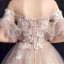 Elegant Champagne Wedding Dresses 2019 A-Line / Princess Off-The-Shoulder Bell sleeves Feather Backless Appliques Lace Beading Pearl Glitter Tulle Court Train Ruffle