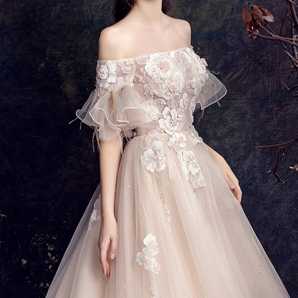 Elegant Champagne Wedding Dresses 2019 A-Line / Princess Off-The-Shoulder Bell sleeves Feather Backless Appliques Lace Beading Pearl Glitter Tulle Court Train Ruffle