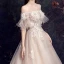 Elegant Champagne Wedding Dresses 2019 A-Line / Princess Off-The-Shoulder Bell sleeves Feather Backless Appliques Lace Beading Pearl Glitter Tulle Court Train Ruffle