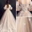 Elegant Champagne Wedding Dresses 2019 A-Line / Princess Off-The-Shoulder Bell sleeves Feather Backless Appliques Lace Beading Pearl Glitter Tulle Court Train Ruffle