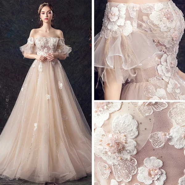Elegant Champagne Wedding Dresses 2019 A-Line / Princess Off-The-Shoulder Bell sleeves Feather Backless Appliques Lace Beading Pearl Glitter Tulle Court Train Ruffle