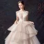 Schöne Champagner Durchsichtige Brautkleider / Hochzeitskleider 2019 Ballkleid Tiefer V-Ausschnitt Ärmellos Rückenfreies Glanz Tülle Perlenstickerei Hof-Schleppe Fallende Rüsche