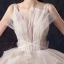 Schöne Champagner Durchsichtige Brautkleider / Hochzeitskleider 2019 Ballkleid Tiefer V-Ausschnitt Ärmellos Rückenfreies Glanz Tülle Perlenstickerei Hof-Schleppe Fallende Rüsche