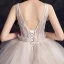 Schöne Champagner Durchsichtige Brautkleider / Hochzeitskleider 2019 Ballkleid Tiefer V-Ausschnitt Ärmellos Rückenfreies Glanz Tülle Perlenstickerei Hof-Schleppe Fallende Rüsche