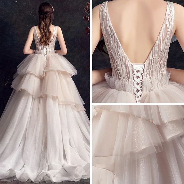 Schöne Champagner Durchsichtige Brautkleider / Hochzeitskleider 2019 Ballkleid Tiefer V-Ausschnitt Ärmellos Rückenfreies Glanz Tülle Perlenstickerei Hof-Schleppe Fallende Rüsche