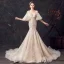 Elegante Champagner Durchsichtige Brautkleider / Hochzeitskleider 2019 Meerjungfrau Eckiger Ausschnitt Glockenhülsen Rückenfreies Applikationen Spitze Blumen Perle Pailletten Perlenstickerei Hof-Schleppe Rüschen