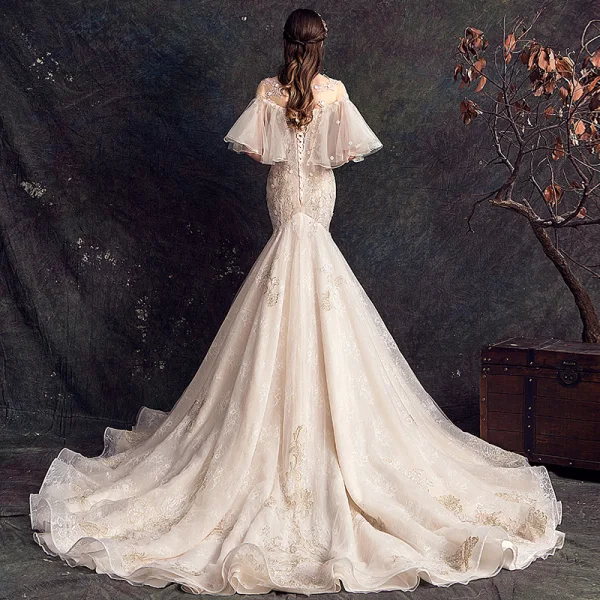 Elegante Champagner Durchsichtige Brautkleider / Hochzeitskleider 2019 Meerjungfrau Eckiger Ausschnitt Glockenhülsen Rückenfreies Applikationen Spitze Blumen Perle Pailletten Perlenstickerei Hof-Schleppe Rüschen