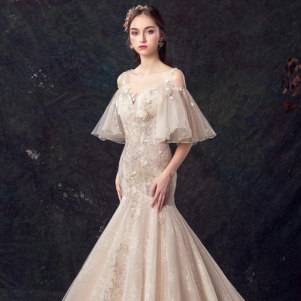 Elegante Champagner Durchsichtige Brautkleider / Hochzeitskleider 2019 Meerjungfrau Eckiger Ausschnitt Glockenhülsen Rückenfreies Applikationen Spitze Blumen Perle Pailletten Perlenstickerei Hof-Schleppe Rüschen