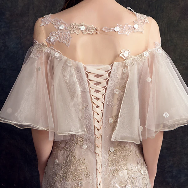 Elegante Champagner Durchsichtige Brautkleider / Hochzeitskleider 2019 Meerjungfrau Eckiger Ausschnitt Glockenhülsen Rückenfreies Applikationen Spitze Blumen Perle Pailletten Perlenstickerei Hof-Schleppe Rüschen