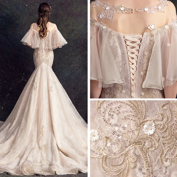Elegante Champagner Durchsichtige Brautkleider / Hochzeitskleider 2019 Meerjungfrau Eckiger Ausschnitt Glockenhülsen Rückenfreies Applikationen Spitze Blumen Perle Pailletten Perlenstickerei Hof-Schleppe Rüschen