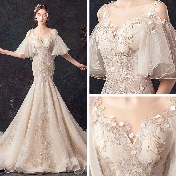 Elegante Champagner Durchsichtige Brautkleider / Hochzeitskleider 2019 Meerjungfrau Eckiger Ausschnitt Glockenhülsen Rückenfreies Applikationen Spitze Blumen Perle Pailletten Perlenstickerei Hof-Schleppe Rüschen