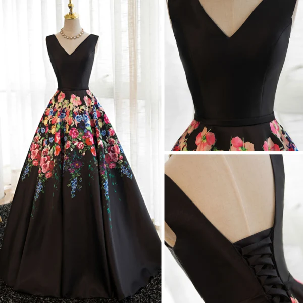 Modern / Fashion Black Flower Prom Dresses 2017 A-Line / Princess V-Neck Sleeveless Printing Satin Sash Floor-Length / Long Backless Formal Dresses