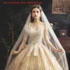 Bling Bling Champagne Wedding Dresses 2019 A-Line / Princess Strapless Sleeveless Backless Glitter Sequins Chapel Train Ruffle