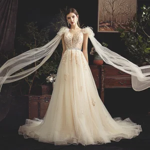 Chic Belle Champagne Transparentes Robe De Mariée 2019 Princesse Col V Profond Sans Manches Dos Nu Appliques En Dentelle Perlage Perle Plumes Ceinture Tribunal Train Volants