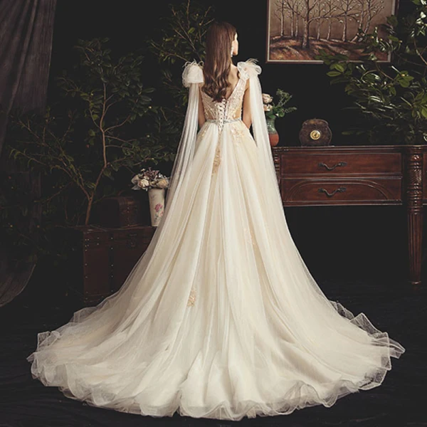 Chic / Belle Champagne Transparentes Robe De Mariée 2019 Princesse Col v profond Sans Manches Dos Nu Appliques En Dentelle Perlage Perle Plumes Ceinture Tribunal Train Volants