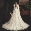 Chic / Belle Champagne Transparentes Robe De Mariée 2019 Princesse Col v profond Sans Manches Dos Nu Appliques En Dentelle Perlage Perle Plumes Ceinture Tribunal Train Volants