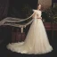 Chic / Belle Champagne Transparentes Robe De Mariée 2019 Princesse Col v profond Sans Manches Dos Nu Appliques En Dentelle Perlage Perle Plumes Ceinture Tribunal Train Volants