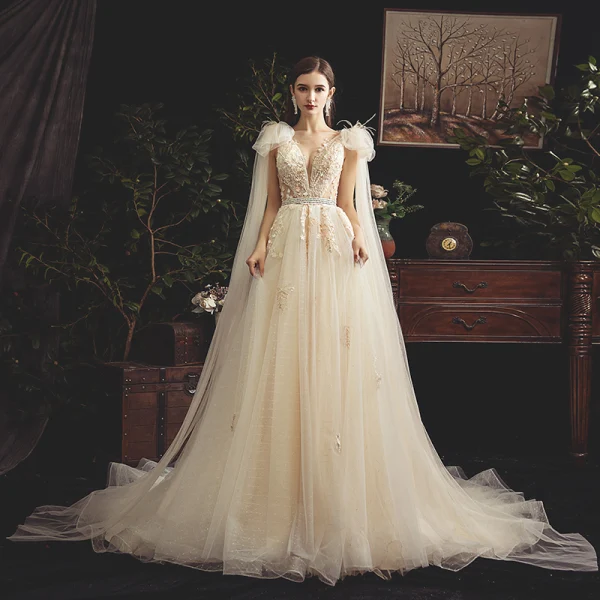 Chic / Belle Champagne Transparentes Robe De Mariée 2019 Princesse Col v profond Sans Manches Dos Nu Appliques En Dentelle Perlage Perle Plumes Ceinture Tribunal Train Volants