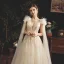 Chic / Belle Champagne Transparentes Robe De Mariée 2019 Princesse Col v profond Sans Manches Dos Nu Appliques En Dentelle Perlage Perle Plumes Ceinture Tribunal Train Volants