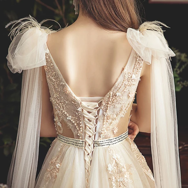 Chic / Belle Champagne Transparentes Robe De Mariée 2019 Princesse Col v profond Sans Manches Dos Nu Appliques En Dentelle Perlage Perle Plumes Ceinture Tribunal Train Volants