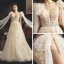 Chic / Belle Champagne Transparentes Robe De Mariée 2019 Princesse Col v profond Sans Manches Dos Nu Appliques En Dentelle Perlage Perle Plumes Ceinture Tribunal Train Volants