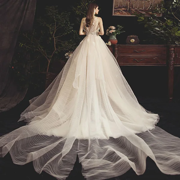 Fabulous Champagne Wedding Dresses 2019 A-Line / Princess Spaghetti Straps Sleeveless Backless Appliques Lace Beading Pearl Cathedral Train Ruffle