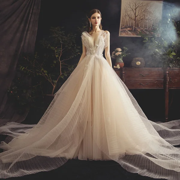 Fabulous Champagne Wedding Dresses 2019 A-Line / Princess Spaghetti Straps Sleeveless Backless Appliques Lace Beading Pearl Cathedral Train Ruffle
