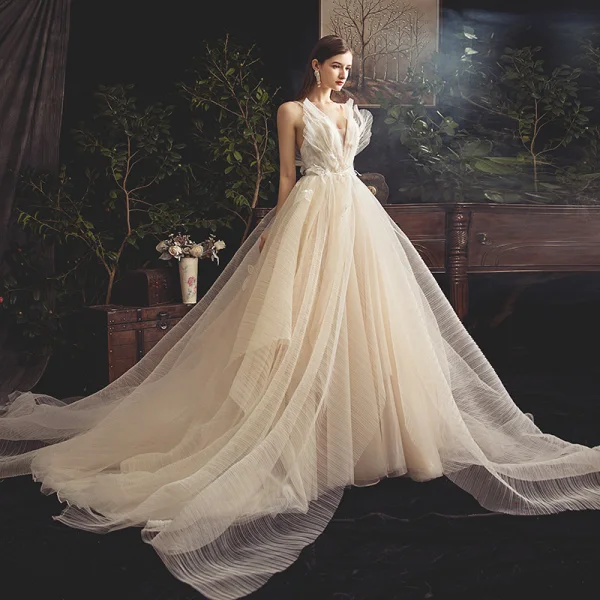 Fabulous Champagne Wedding Dresses 2019 A-Line / Princess Spaghetti Straps Sleeveless Backless Appliques Lace Beading Pearl Cathedral Train Ruffle