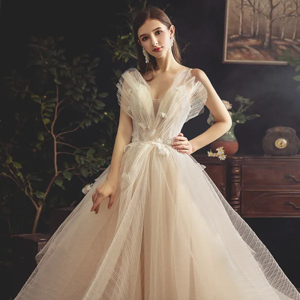 Fabulous Champagne Wedding Dresses 2019 A-Line / Princess Spaghetti Straps Sleeveless Backless Appliques Lace Beading Pearl Cathedral Train Ruffle