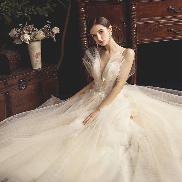 Fabulous Champagne Wedding Dresses 2019 A-Line / Princess Spaghetti Straps Sleeveless Backless Appliques Lace Beading Pearl Cathedral Train Ruffle