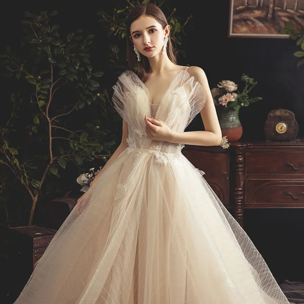 Fabulous Champagne Wedding Dresses 2019 A-Line / Princess Spaghetti Straps Sleeveless Backless Appliques Lace Beading Pearl Cathedral Train Ruffle