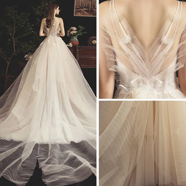 Fabulous Champagne Wedding Dresses 2019 A-Line / Princess Spaghetti Straps Sleeveless Backless Appliques Lace Beading Pearl Cathedral Train Ruffle