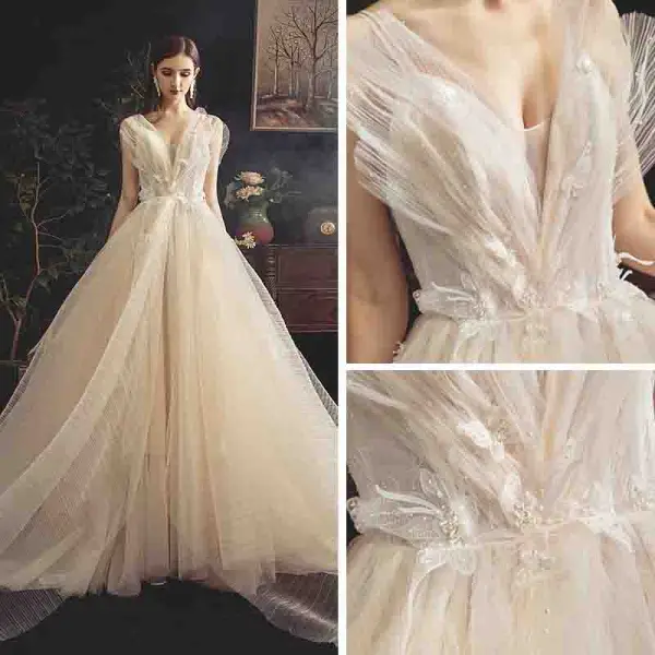 Fabulous Champagne Wedding Dresses 2019 A-Line / Princess Spaghetti Straps Sleeveless Backless Appliques Lace Beading Pearl Cathedral Train Ruffle