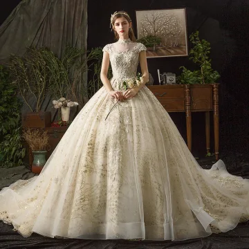 Vintage Champagne Doorzichtige Trouwjurken 2019 Baljurk Hoge Kraag Kapmouwen Ruglooze Appliques Kant Kralen Rhinestone Cathedral Train Ruche