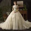 Vintage Champagner Durchsichtige Brautkleider / Hochzeitskleider 2019 Ballkleid Stehkragen Ärmel Rückenfreies Applikationen Spitze Perlenstickerei Strass Kathedrale Schleppe Rüschen