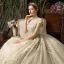 Vintage Champagner Durchsichtige Brautkleider / Hochzeitskleider 2019 Ballkleid Stehkragen Ärmel Rückenfreies Applikationen Spitze Perlenstickerei Strass Kathedrale Schleppe Rüschen